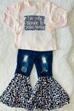 DLH2692/DLH2693 Wholesale words prints long sleeve top leopard bell bottom jeans girls outfit set