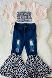 DLH2692/DLH2693 Wholesale words prints long sleeve top leopard bell bottom jeans girls outfit set