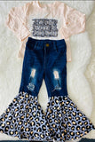 DLH2692/DLH2693 Wholesale words prints long sleeve top leopard bell bottom jeans girls outfit set