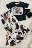 DLH2636 HOWDY HEIFER black short sleeve top cow bell bottom girls outfit sets