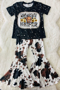 DLH2636 HOWDY HEIFER black short sleeve top cow bell bottom girls outfit sets