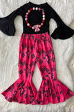 DLH2557 Solid black long sleeve top bull & aztec printed bell bottom 2pc girls sets