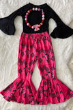 DLH2557 Solid black long sleeve top bull & aztec printed bell bottom 2pc girls sets