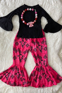 DLH2557 Solid black long sleeve top bull & aztec printed bell bottom 2pc girls sets