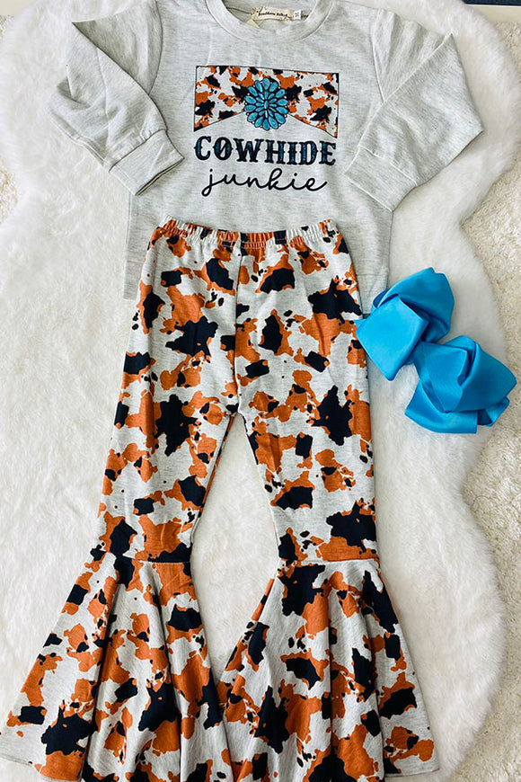 XCH0013-5H COWHIDE junkie cow prints top cow bell bottom pant girls sets wholesale