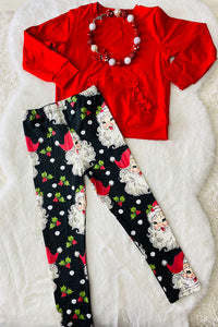 DLH2806 Red long sleeve pocket top santa legging christmas girls sets