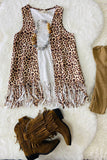 XCH0001-2H Brown leopard sleeveless long style open vest/cardigan