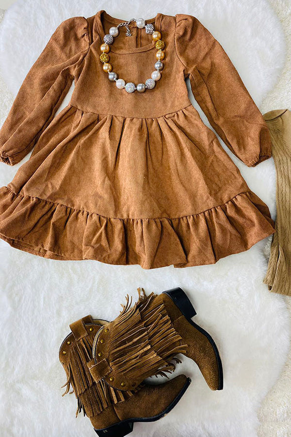 DLH2640 Long sleeve brown color girls swirl dress