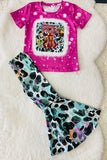 DLH2735 Pink short sleeve top bell bottom printed pant 2pcs girls set