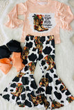 DLH2695 Western boots printed pink long sleeve top & bell bottom 2pc girls sets