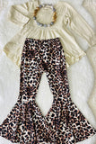 XCH0024-13H Wholesale Beige high-low long sleeve top leopard flare leg girls outfit sets