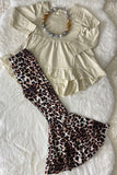 XCH0024-13H Wholesale Beige high-low long sleeve top leopard flare leg girls outfit sets