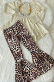 XCH0024-13H Wholesale Beige high-low long sleeve top leopard flare leg girls outfit sets