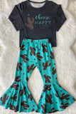 XCH0015-1H Choose HAPPY top cactus prints bell bottom girls clothing sets