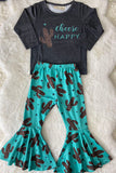 XCH0015-1H Choose HAPPY top cactus prints bell bottom girls clothing sets