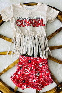 DLH2442 Mama's little COWGIRL tassel top paisley bloomer 2pc baby sets