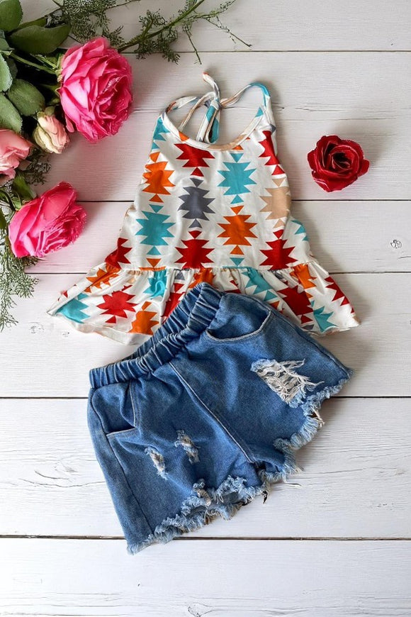Wholesale Aztec prints sleeveless top denim shorts girls sets DLH2476