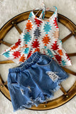 DLH2476 Aztec prints sleeveless top denim shorts girls sets wholesale