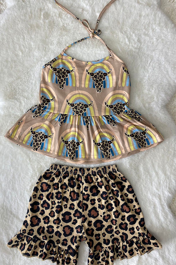 XCH0666-18H Leopard bull prints sleeveless top & shorts 2pc girls sets wholesale