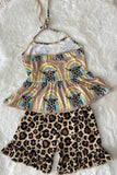 XCH0666-18H Leopard bull prints sleeveless top & shorts 2pc girls sets wholesale