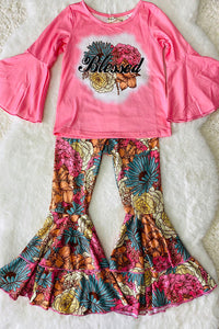 XCH0013-6H Blessed flower pink top & bell bottom 2pc sets wholesale girls clothing