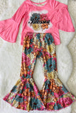 XCH0013-6H Blessed flower pink top & bell bottom 2pc sets wholesale girls clothing