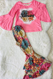 XCH0013-6H Blessed flower pink top & bell bottom 2pc sets wholesale girls clothing