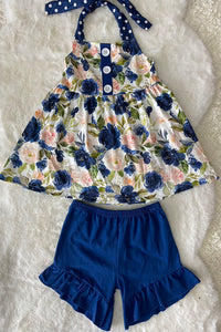 LC0018 (A3S9) BLUE FLORAL printed girl top & shorts girls sets