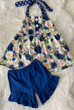 LC0018 (A3S9) BLUE FLORAL printed girl top & shorts girls sets