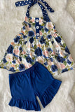 LC0018 (A3S9) BLUE FLORAL printed girl top & shorts girls sets