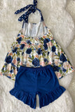 LC0018 (A3S9) BLUE FLORAL printed girl top & shorts girls sets