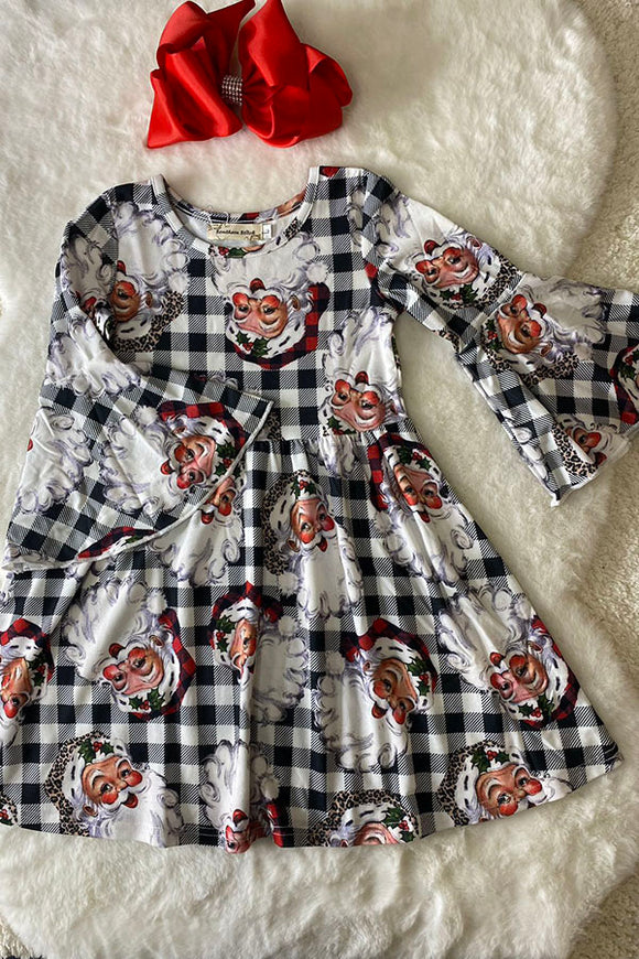 XCH0017-10H Leopard/Plaid santa print long sleeve girls dress wholesale