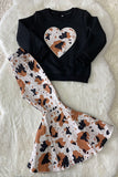 Heart embroidery pullover sweatshirts leopard denim pant girls sets DLH2808 (A10S4) A15S2