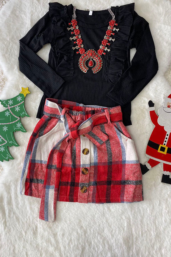 DLH2821 Knit cotton black long sleeve top flannel plaid skirt girls sets