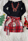 DLH2821 Knit cotton black long sleeve top flannel plaid skirt girls sets