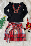 DLH2821 Knit cotton black long sleeve top flannel plaid skirt girls sets