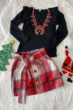 DLH2821 Knit cotton black long sleeve top flannel plaid skirt girls sets