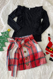 DLH2821 Knit cotton black long sleeve top flannel plaid skirt girls sets