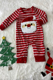 DLH2824 Christmas red white striped & santa patch long sleeve baby romper