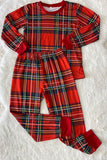 DLH2822 Christmas red/green plaid 2pc kids pajamas sets