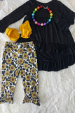 DLH2539 Black high low long sleeve top sunflower & cow ruffle legging girls sets