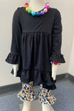 DLH2539 Black high low long sleeve top sunflower & cow ruffle legging girls sets