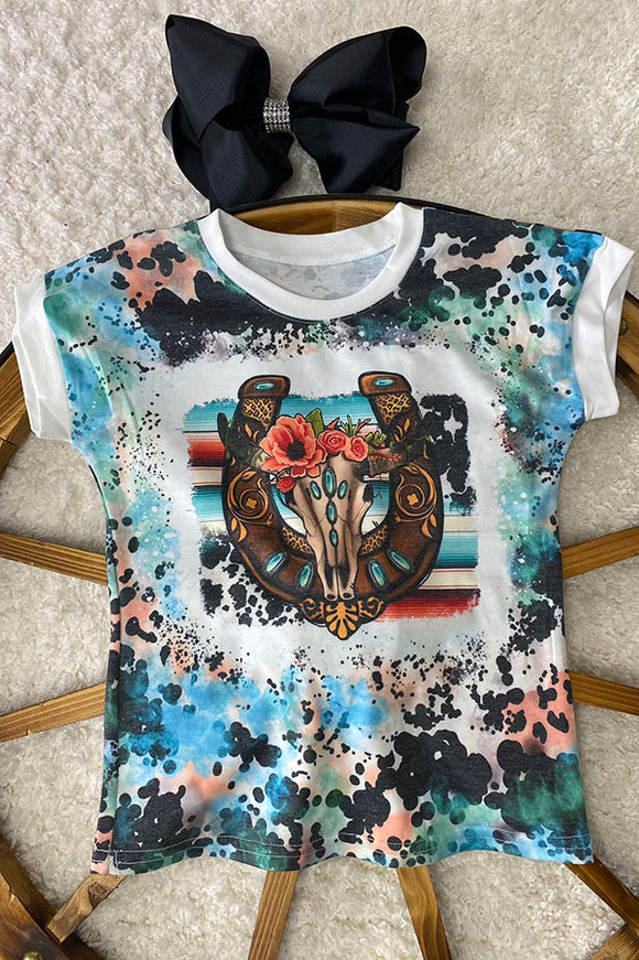 DLH0824-1 Horse shoe bull skull printed short sleeve girls top