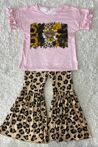 DLH2612 Kids leopard & cow printed top bell bottom pant 2pc girls set