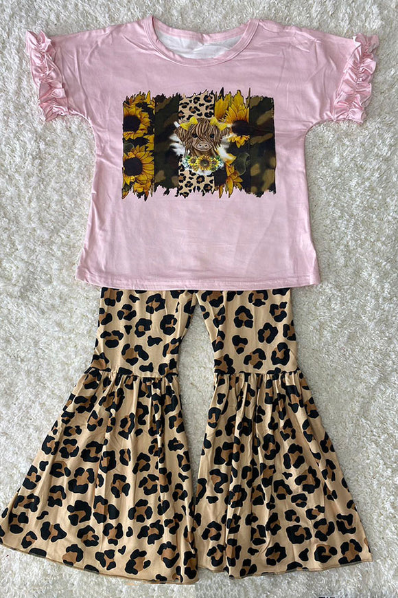 DLH2612 Kids leopard & cow printed top bell bottom pant 2pc girls set