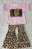 DLH2612 Kids leopard & cow printed top bell bottom pant 2pc girls set