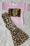 DLH2612 Kids leopard & cow printed top bell bottom pant 2pc girls set