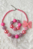 Wholesale necklace sets for boutique pink girls necklace & bracelet sets w/bow 240309