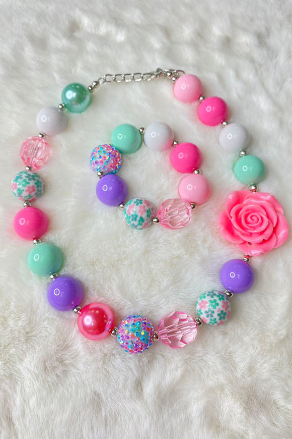 Floral prints & multi color bubble beads bubble girls necklace & bracelet sets w/flower