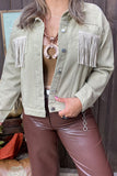 DLH13754 Women loose button up rhinestone fringe jacket/coat denim tassel (BW)